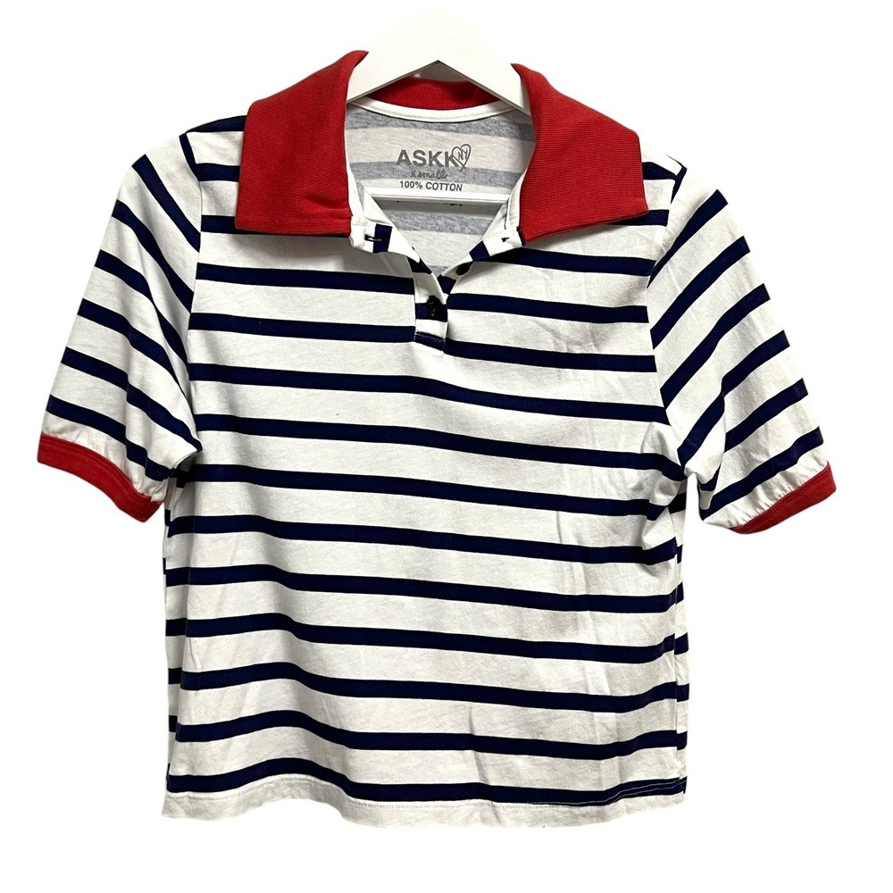 ASKK NY Polo Shirt Womens XS White Navy Striped Red Collar Nautical Preppy Top